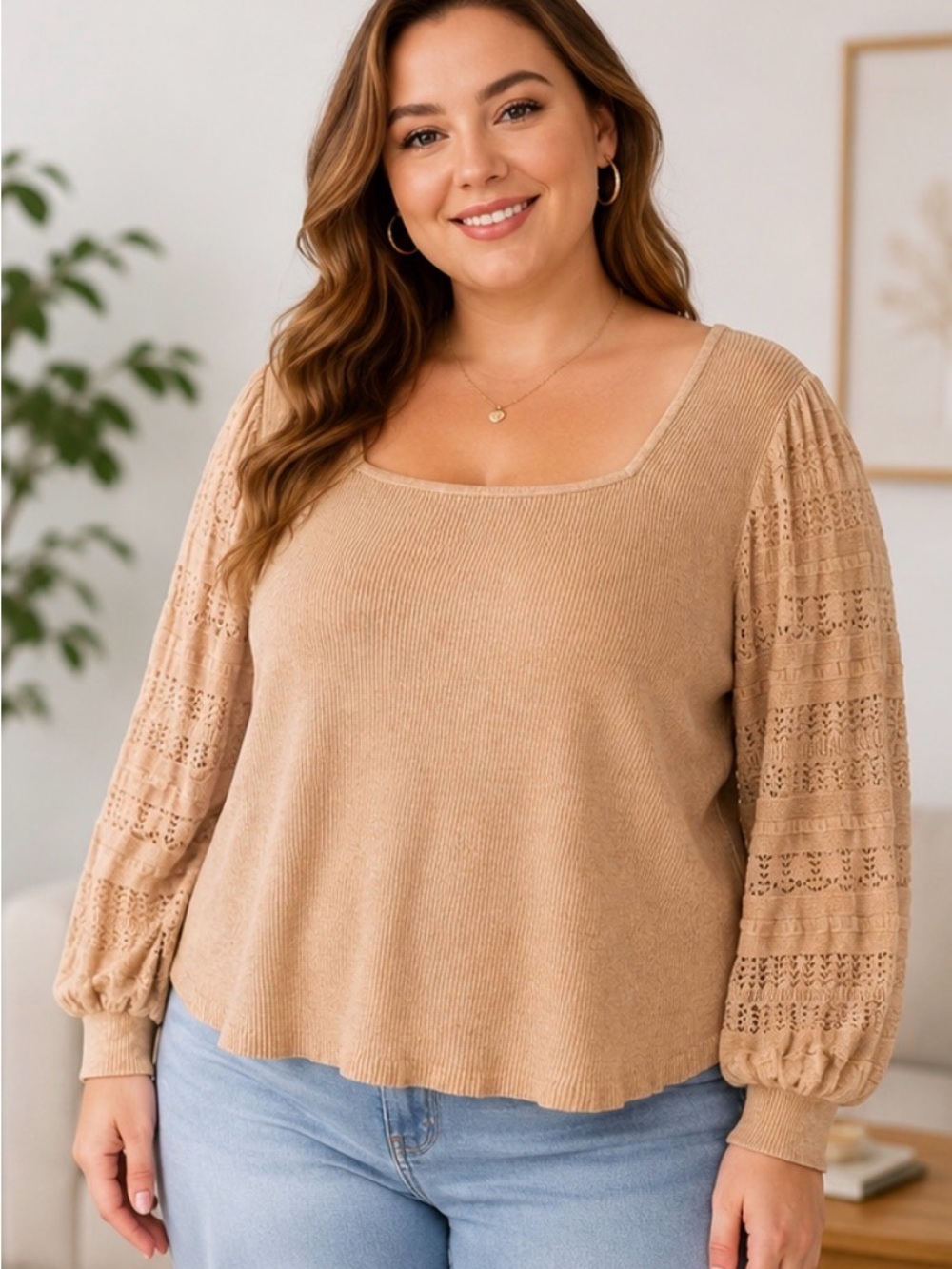 Title: Sofia by Sofia Vergara XXL Beige Ribbed Knit Balloon Sleeve Top
